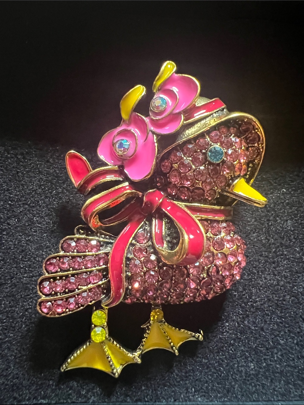 Pink Crystal Encrusted Bird Brooch with Enamel Accents